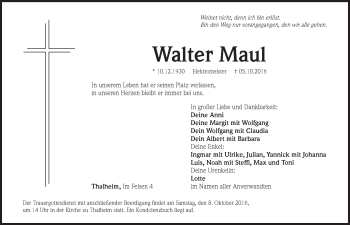 Traueranzeige von Walter Maul von Hersbrucker Zeitung