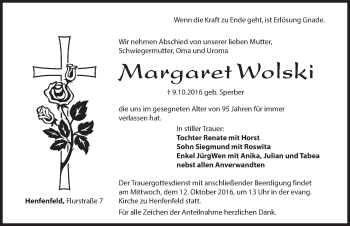 Traueranzeige von Margaret Wolski von Hersbrucker Zeitung