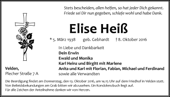 Traueranzeige von Elise Heiß von Hersbrucker Zeitung