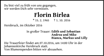 Traueranzeige von Florin Birlea von Hersbrucker Zeitung