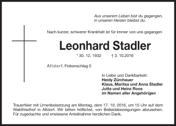 Traueranzeige von Leonhard Stadler von Der Bote
