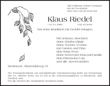Traueranzeige von Klaus Riedel von Hersbrucker Zeitung