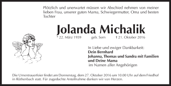 Traueranzeige von Jolanda Michalik von Pegnitz-Zeitung