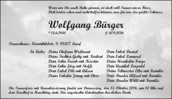 Traueranzeige von Wolfgang Bürger von Pegnitz-Zeitung