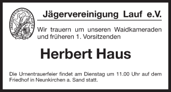 Traueranzeige von Herbert Haus von Pegnitz-Zeitung