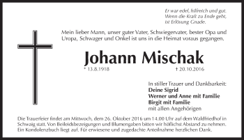 Traueranzeige von Johann Mischak von Pegnitz-Zeitung