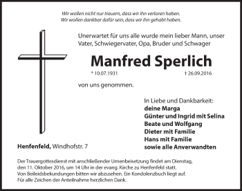 Traueranzeige von Manfred Sperlich von Hersbrucker Zeitung