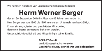 Traueranzeige von Werner Berger von Hersbrucker Zeitung