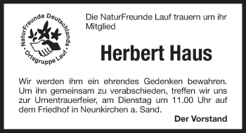 Traueranzeige von Herbert Haus von Pegnitz-Zeitung