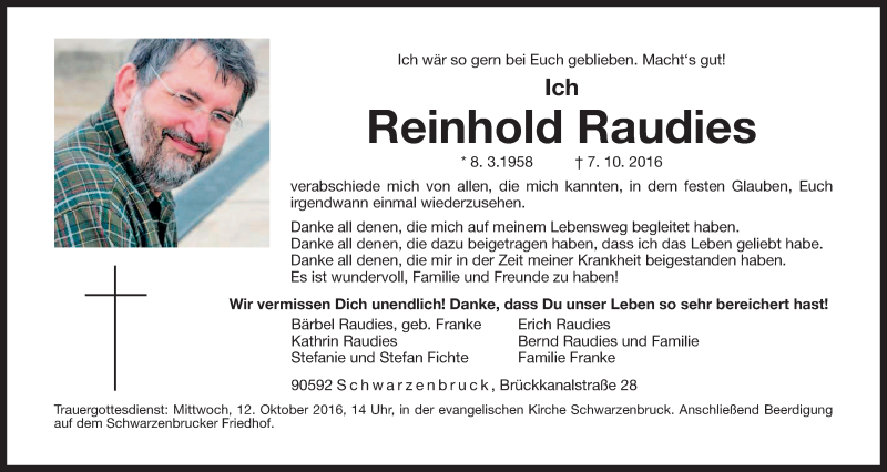  Traueranzeige für Reinhold Raudies vom 10.10.2016 aus Der Bote