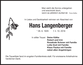 Traueranzeige von Hans Langenberger von Der Bote