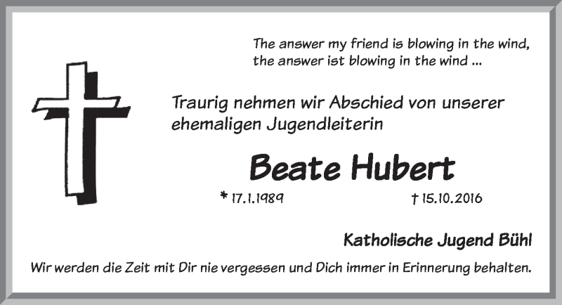  Traueranzeige für Beate Hubert vom 19.10.2016 aus Pegnitz-Zeitung