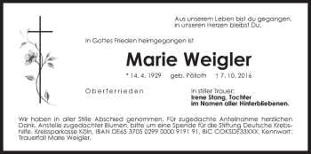 Traueranzeige von Marie Weigler von Der Bote