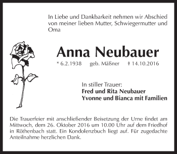 Traueranzeige von Anna Neubauer von Pegnitz-Zeitung