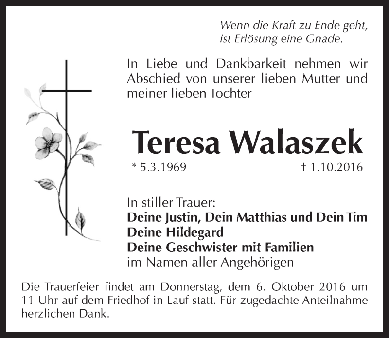  Traueranzeige für Teresa Walaszek vom 05.10.2016 aus Pegnitz-Zeitung
