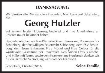Traueranzeige von Georg Hutzler von Der Bote