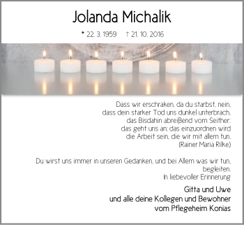 Traueranzeige von Jolanda Michalik von Pegnitz-Zeitung
