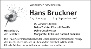 Traueranzeige von Hans Bruckner von Pegnitz-Zeitung