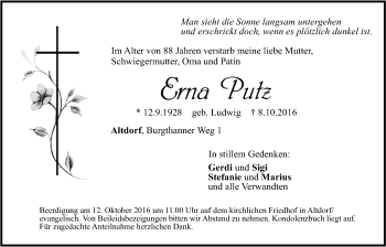 Traueranzeige von Erna Putz von Der Bote