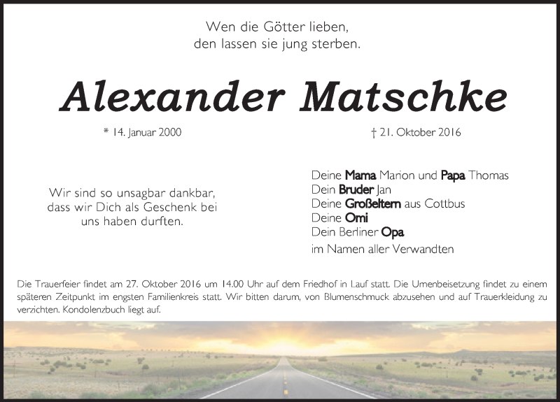 Traueranzeige für Alexander Matschke vom 25.10.2016 aus Pegnitz-Zeitung
