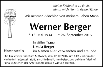 Traueranzeige von Werner Berger von Hersbrucker Zeitung