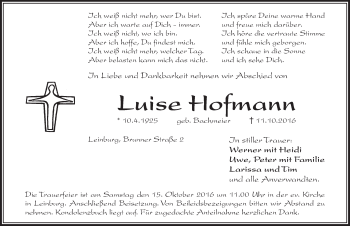 Traueranzeige von Luise Hofmann von Pegnitz-Zeitung