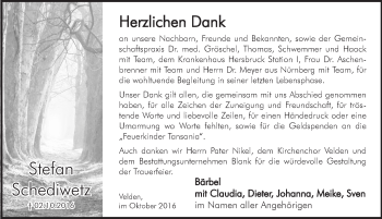 Traueranzeige von Stefan Schediwetz von Hersbrucker Zeitung