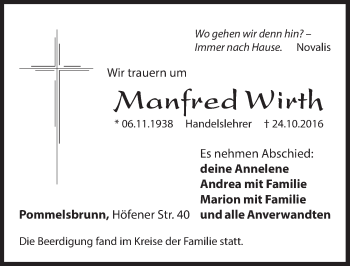 Traueranzeige von Manfred Wirth von Hersbrucker Zeitung