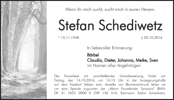 Traueranzeige von Stefan Schediwetz von Hersbrucker Zeitung