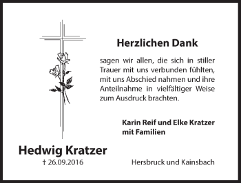 Traueranzeige von Hedwig Kratzer von Hersbrucker Zeitung