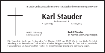 Traueranzeige von Karl Stauder von Pegnitz-Zeitung