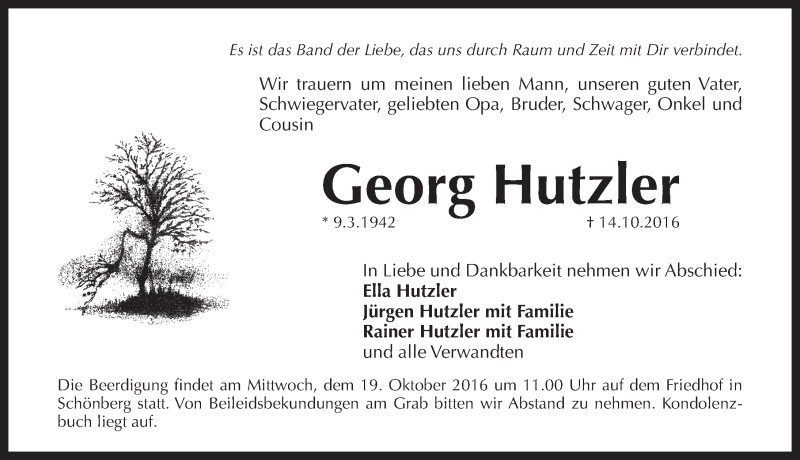  Traueranzeige für Georg Hutzler vom 17.10.2016 aus Pegnitz-Zeitung