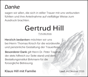 Traueranzeige von Gertrud Hill von Pegnitz-Zeitung