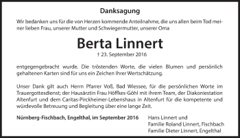 Traueranzeige von Berta Linnert von Hersbrucker Zeitung