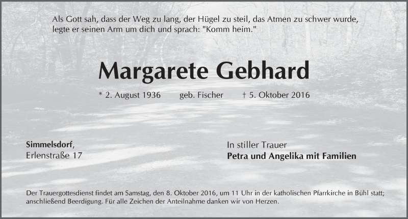  Traueranzeige für Margarete Gebhard vom 07.10.2016 aus Pegnitz-Zeitung