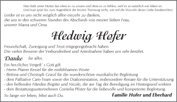 Traueranzeige von Hedwig Hofer von Pegnitz-Zeitung