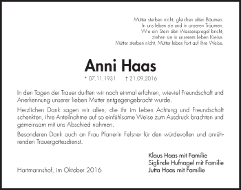 Traueranzeige von Anni Haas von Hersbrucker Zeitung