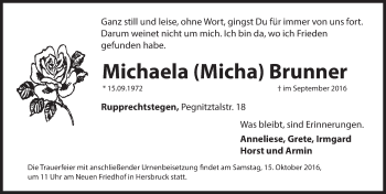 Traueranzeige von Michaela Brunner von Hersbrucker Zeitung