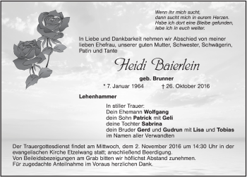 Traueranzeige von Heidi Baierlein von Hersbrucker Zeitung