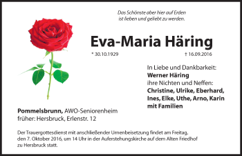 Traueranzeige von Eva-Maria Häring von Hersbrucker Zeitung