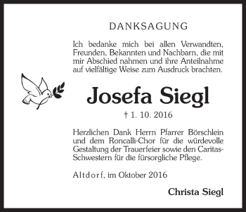 Traueranzeige von Josefa Siegl von Der Bote