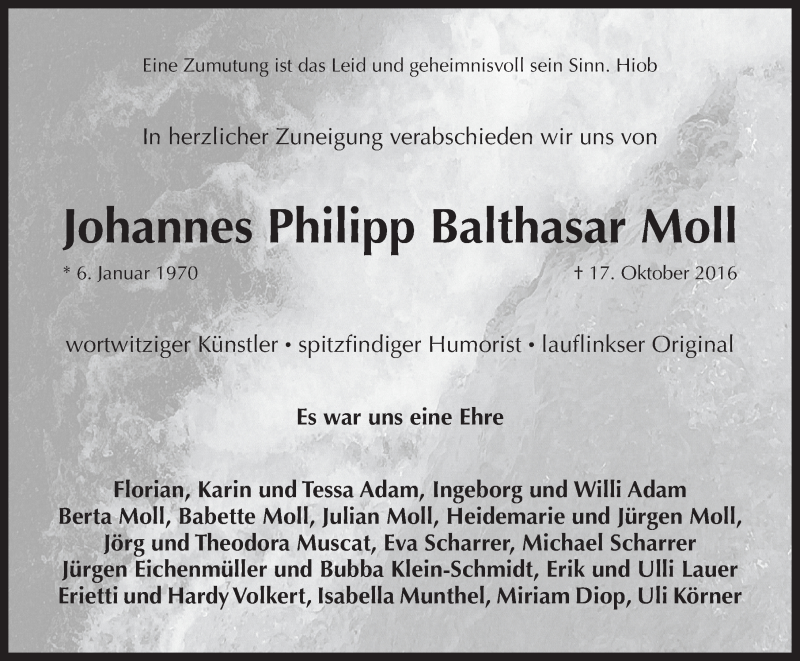  Traueranzeige für Johannes Philipp Balthasar  Moll vom 22.10.2016 aus Pegnitz-Zeitung