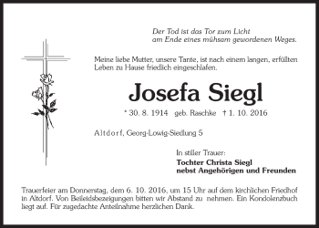 Traueranzeige von Josefa Siegl von Der Bote