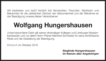 Traueranzeige von Wolfgang Hungershausen von Der Bote
