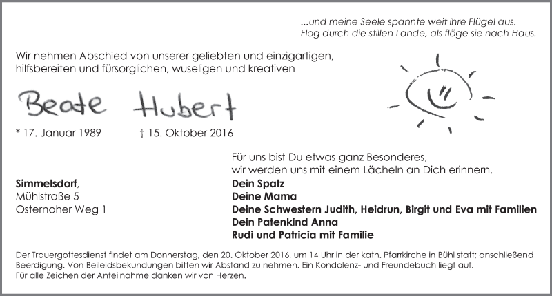  Traueranzeige für Beate Hubert vom 19.10.2016 aus Pegnitz-Zeitung