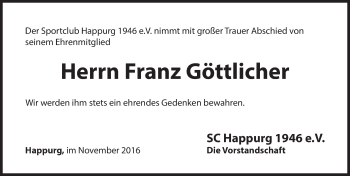 Traueranzeige von Franz Göttlicher von Hersbrucker Zeitung