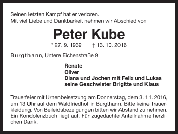Traueranzeige von Peter Kube von Der Bote
