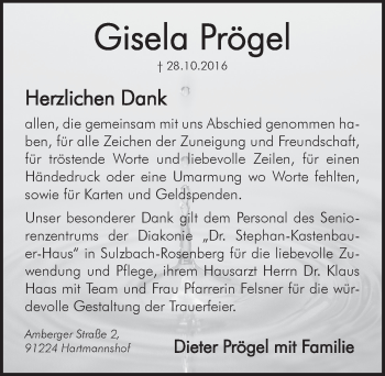 Traueranzeige von Gisela Prögel von Hersbrucker Zeitung