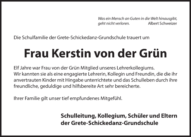  Traueranzeige für Kerstin von der Grün vom 12.11.2016 aus N-Land