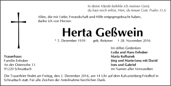 Traueranzeige von Herta Geßwein von Pegnitz-Zeitung